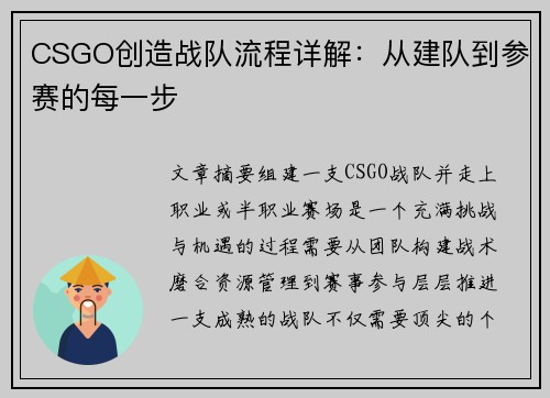 CSGO创造战队流程详解：从建队到参赛的每一步