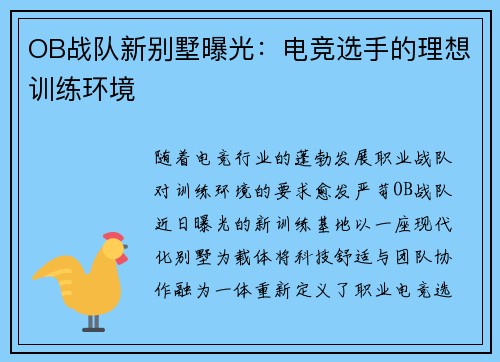 OB战队新别墅曝光：电竞选手的理想训练环境